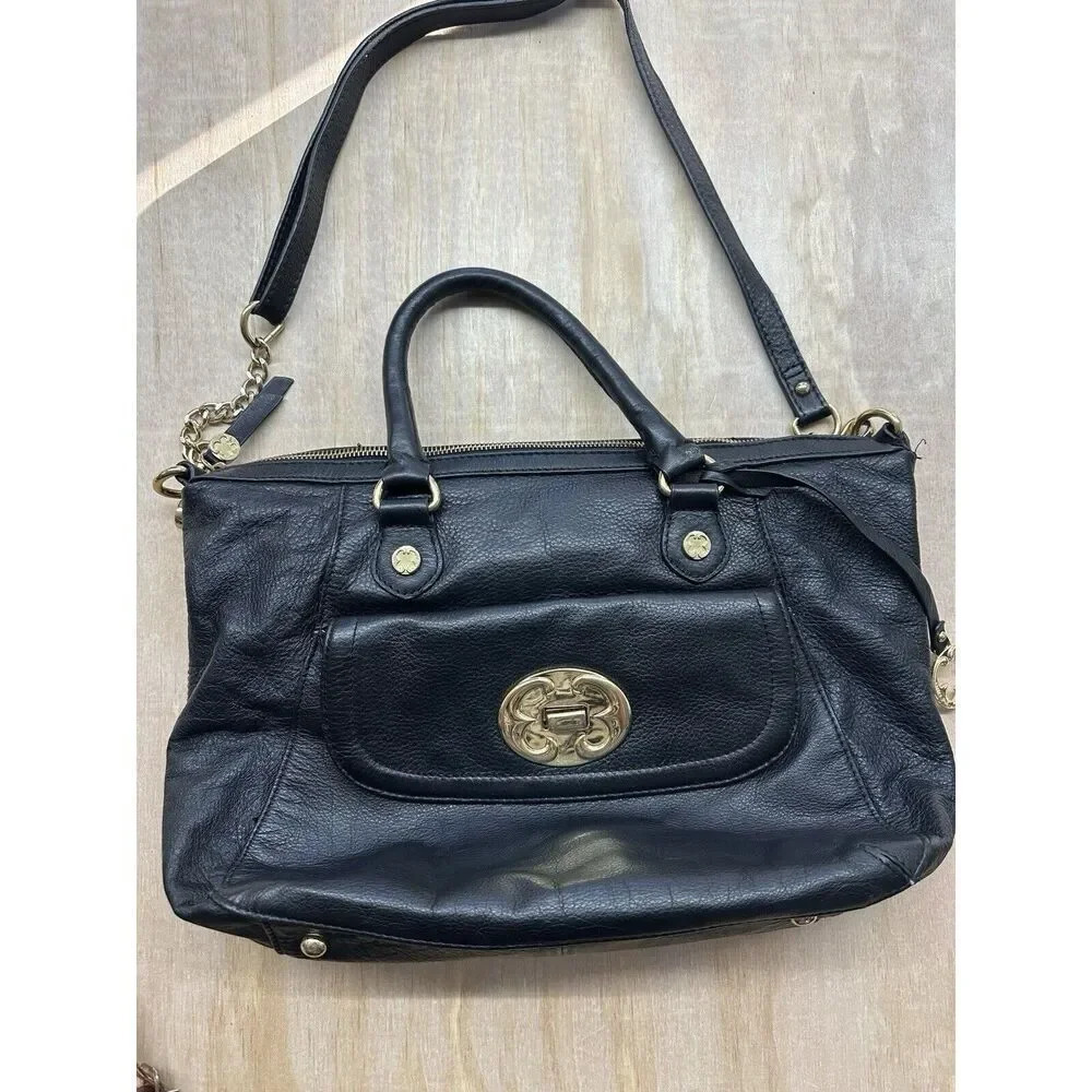 Emma Fox Satchel Purse Black Leather Bag Red‎ Floral Liner Medium Size Shoulder